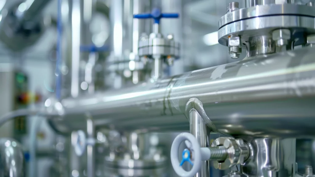 Tuyauteries et vannes inox dans une usine pharmaceutique, boucles EPPI et vapeur pure